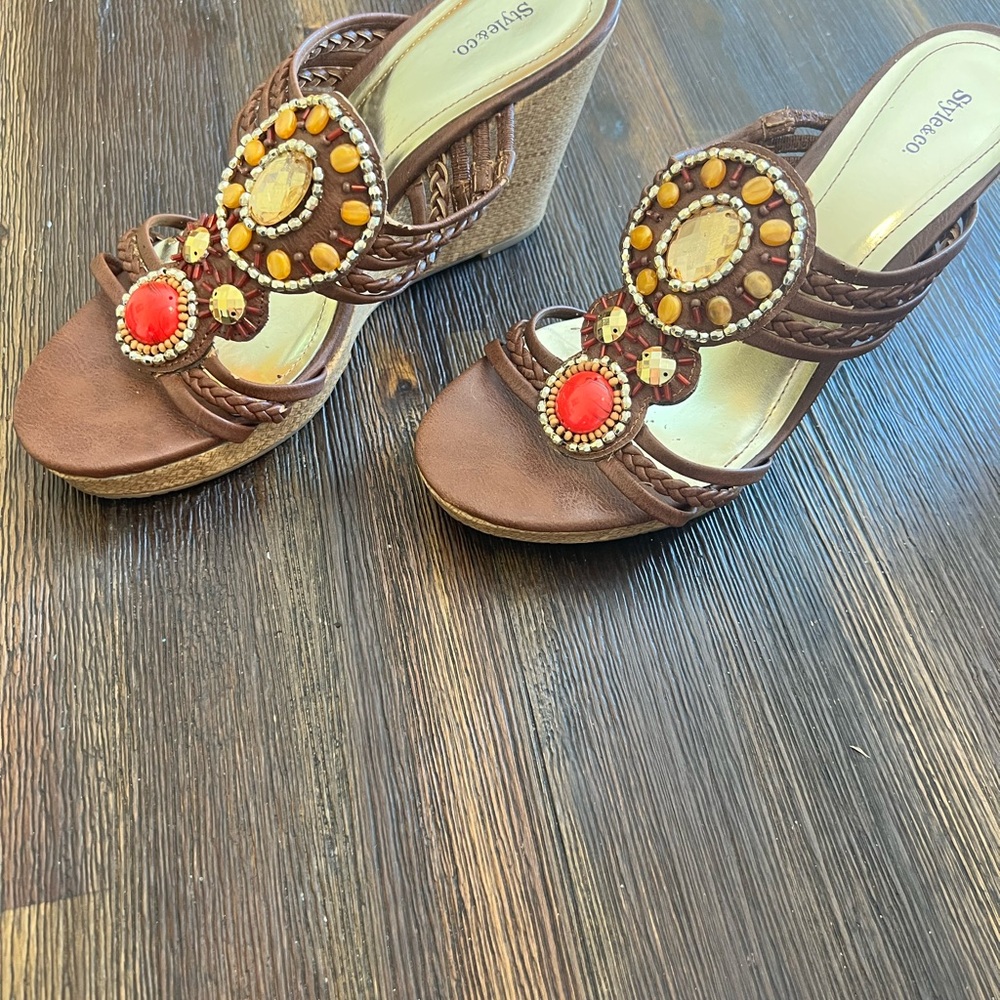 Style & Co. Brown Wedges with Colorful Beads